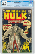 Load image into Gallery viewer, CGC 3.0 The Incredible Hulk #1 (Marvel,1962) Origin & 1st appearance of Hulk
