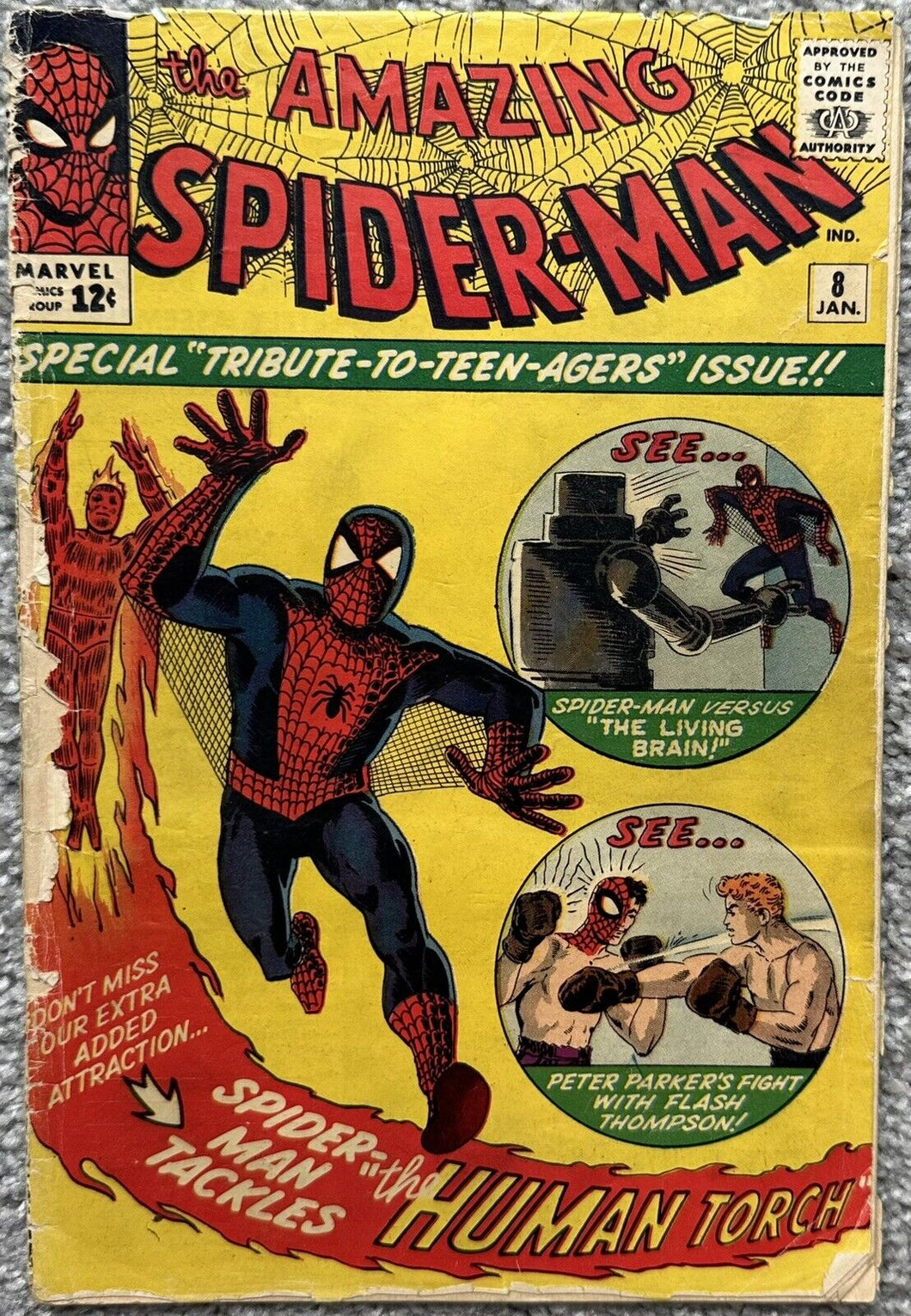 THE AMAZING SPIDER-MAN #8 (MARVEL,1964) 1st appearance of the Living Brain. Steve Ditko Art.
