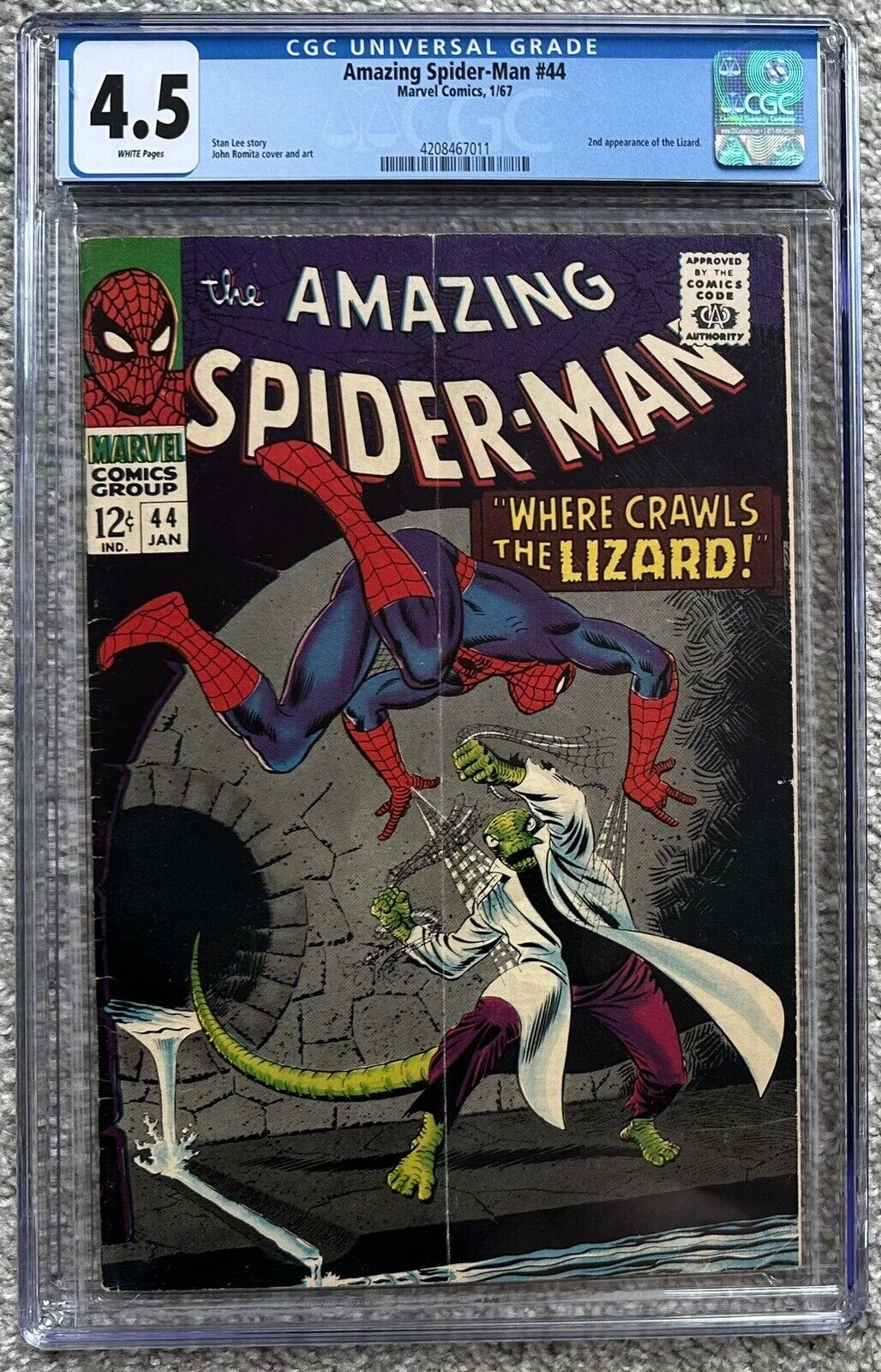 CGC 4.5 THE AMAZING SPIDER-MAN #44 (MARVEL,1967) 2ND APP OF THE LIZARD