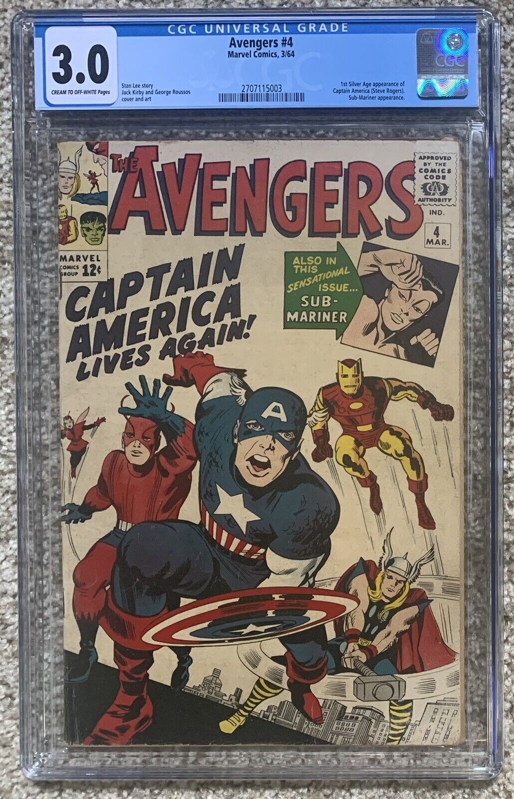 CGC 3.0 THE AVENGERS #4 (MARVEL,1964) 1ST SILVER AGE CAPTAIN AMERICA
